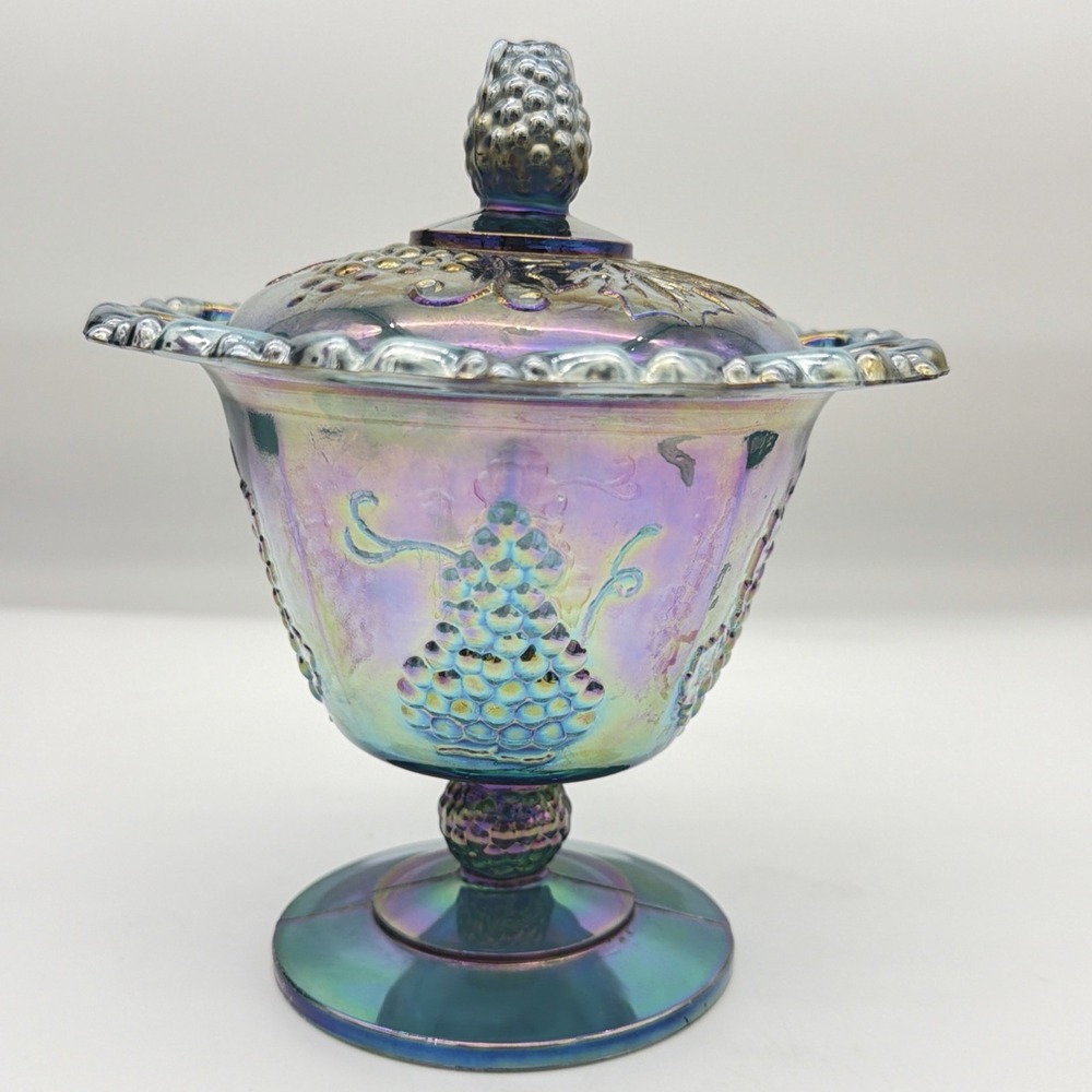 Vtg Indiana Harvest Grape Carnival Glass Covered Candy Dish Laced Pedestal Mint